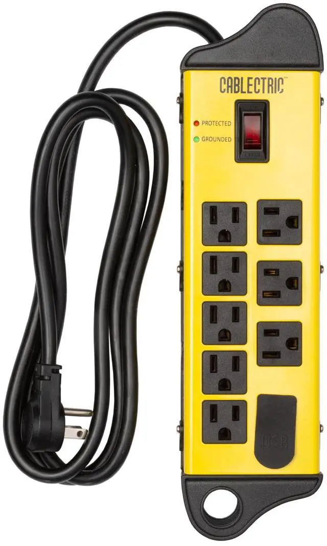 Main image of Heavy Duty Surge Protector Power Strip, 6 Outlet, 14/3 SJT Metal | 9 Ft Extension Cord, Surge Suppressor, Industrial Black & Yellow