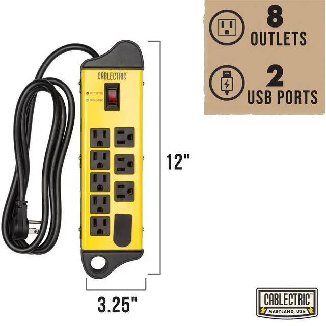 Alt view image 3 of 6 - Heavy Duty Surge Protector Power Strip, 6 Outlet, 14/3 SJT Metal | 9 Ft Extension Cord, Surge Suppressor, Industrial Black & Yellow