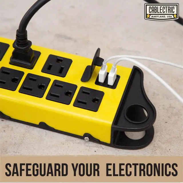 Alt view image 5 of 6 - Heavy Duty Surge Protector Power Strip, 6 Outlet, 14/3 SJT Metal | 9 Ft Extension Cord, Surge Suppressor, Industrial Black & Yellow
