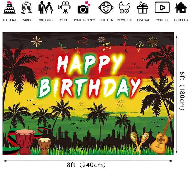 Alt view image 6 of 7 - Reggae Happy Birthday Backdrop 8x6FT Jamaican Rastafari Palm Tree Reggae Party Decorations Background Summer Music Themed Birthday Party Decorations Supplies Photo Props