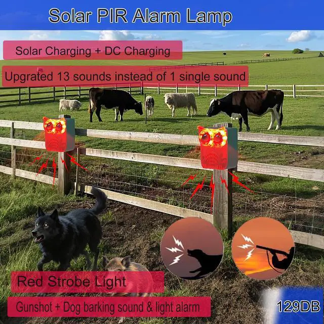 Alt view image 2 of 6 - Solar Outdoor Motion Sensor Alarm-13Sounds,129db Noise Maker Gunshot Dog Barking Sound,Led Flashig Warning Security Alert System Strobe Light for Garden Farm Yard Orchard Barn (Red)