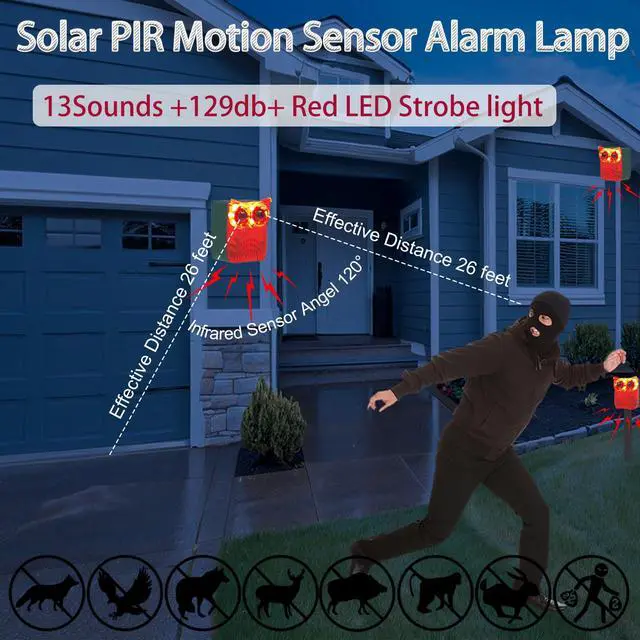 Alt view image 3 of 6 - Solar Outdoor Motion Sensor Alarm-13Sounds,129db Noise Maker Gunshot Dog Barking Sound,Led Flashig Warning Security Alert System Strobe Light for Garden Farm Yard Orchard Barn (Red)