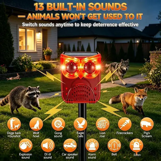 Alt view image 4 of 6 - Solar Outdoor Motion Sensor Alarm-13Sounds,129db Noise Maker Gunshot Dog Barking Sound,Led Flashig Warning Security Alert System Strobe Light for Garden Farm Yard Orchard Barn (Red)