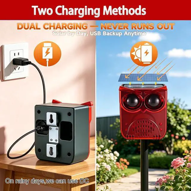 Alt view image 6 of 6 - Solar Outdoor Motion Sensor Alarm-13Sounds,129db Noise Maker Gunshot Dog Barking Sound,Led Flashig Warning Security Alert System Strobe Light for Garden Farm Yard Orchard Barn (Red)