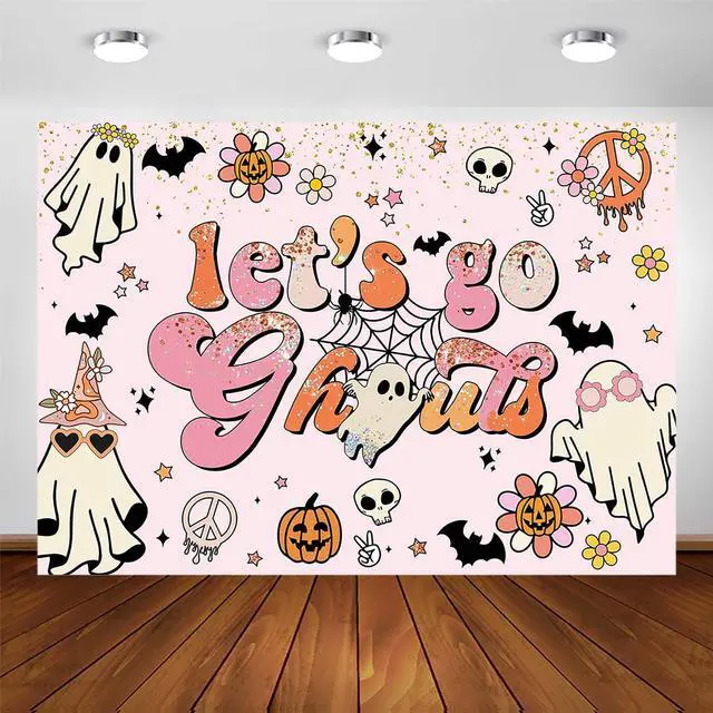 Main image of Let's Go Ghouls Backdrop Halloween Boo Bachelorette Party Decorations Boho Groovy Retro Hippie Theme Bridal Shower Wedding Engagement Party Photography Background Cake Table Banner (7x5ft)