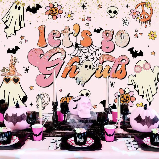 Alt view image 2 of 6 - Let's Go Ghouls Backdrop Halloween Boo Bachelorette Party Decorations Boho Groovy Retro Hippie Theme Bridal Shower Wedding Engagement Party Photography Background Cake Table Banner (7x5ft)