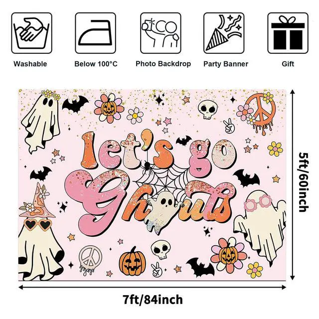 Alt view image 3 of 6 - Let's Go Ghouls Backdrop Halloween Boo Bachelorette Party Decorations Boho Groovy Retro Hippie Theme Bridal Shower Wedding Engagement Party Photography Background Cake Table Banner (7x5ft)