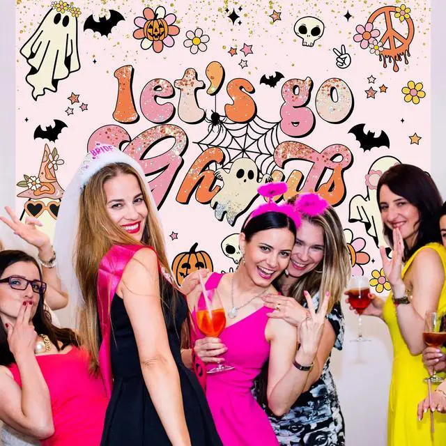 Alt view image 4 of 6 - Let's Go Ghouls Backdrop Halloween Boo Bachelorette Party Decorations Boho Groovy Retro Hippie Theme Bridal Shower Wedding Engagement Party Photography Background Cake Table Banner (7x5ft)