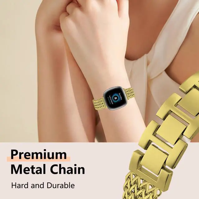 Alt view image 3 of 7 - Metal Band Compatible for Fitbit Versa 4/Sense 2/Versa 3/Sense, 22mm Dressy Stainless Steel Chain Strap Designer Wristband