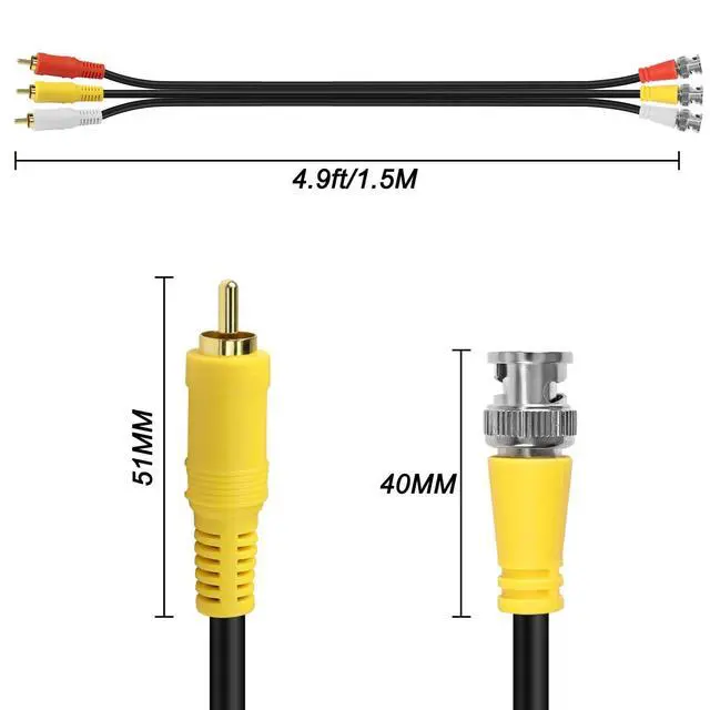 Alt view image 2 of 6 - BNC to RCA Video Audio Cable Coaxial Cable 3 BNC Male to 3 RCA Male | Gold Plated Connector Coupler Coaxial AV Connector Adapter for Camera DVR CCTV Surveillance Systems - 1.5M