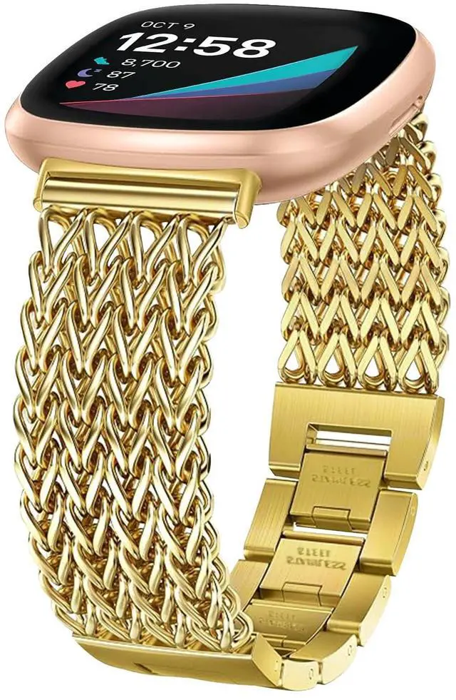 Main image of Metal Band Compatible for Fitbit Versa 4/Sense 2/Versa 3/Sense, 22mm Dressy Stainless Steel Chain Strap Designer Wristband