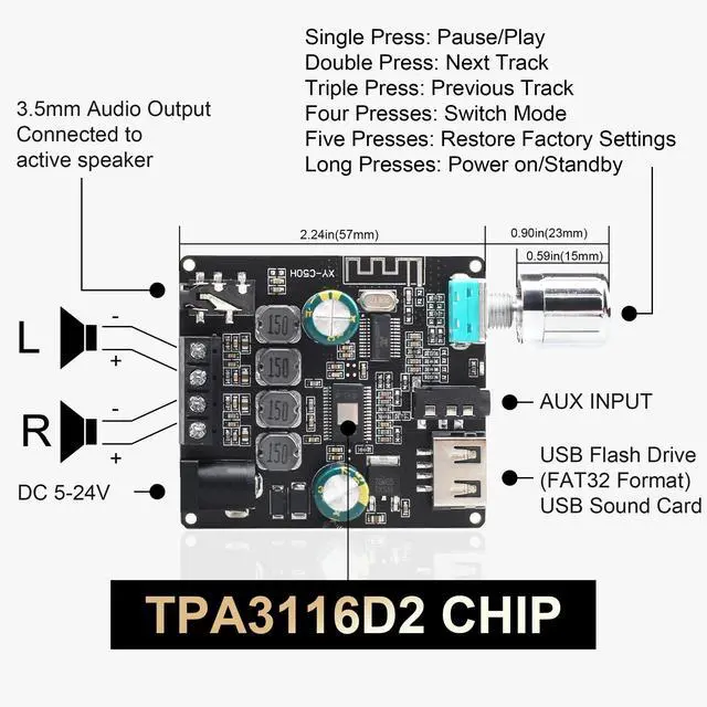 Alt view image 2 of 6 - C50HS Bluetooth Amplifier Board TPA3116D2 high Fidelity chip 12-24V DC Input, Supports USB Flash Memory, AUX, Bluetooth Multiple Input Modes