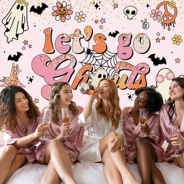 Alt view image 5 of 6 - Let's Go Ghouls Backdrop Halloween Boo Bachelorette Party Decorations Boho Groovy Retro Hippie Theme Bridal Shower Wedding Engagement Party Photography Background Cake Table Banner (7x5ft)