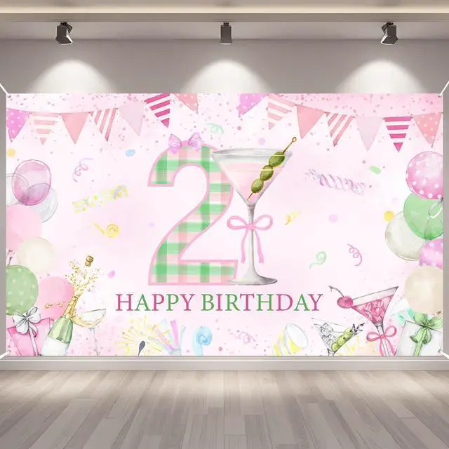 Main image of 6 x 3.6 ft Happy 21st Birthday Decorations Pink Martini Theme Happy Birthday Backdrop Banner a Tini Bit Sign Poster Party Photo Props for Her Woman