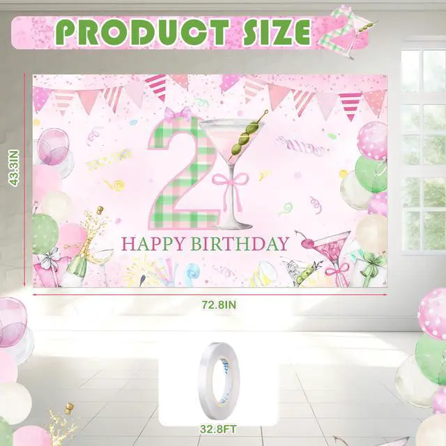 Alt view image 3 of 7 - 6 x 3.6 ft Happy 21st Birthday Decorations Pink Martini Theme Happy Birthday Backdrop Banner a Tini Bit Sign Poster Party Photo Props for Her Woman