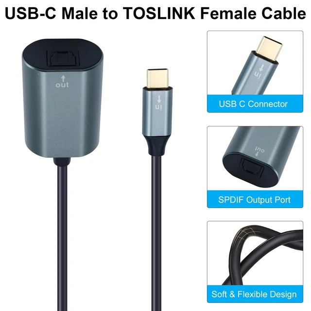 Alt view image 6 of 7 - USB C to Toslink Optical Audio Adapter 20cm/7.87inch, USB C Male to Toslink Female Supports SPDIF Audio Output Suitable for Notebook Computers, Tablets, Mobile Phones