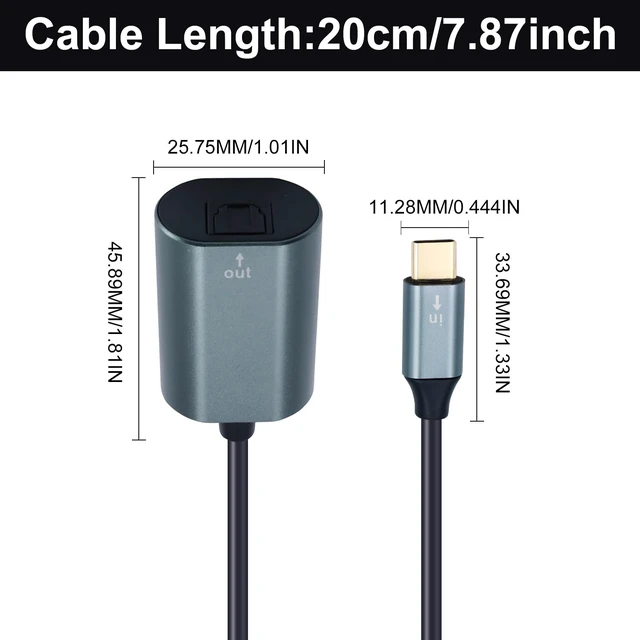 Alt view image 7 of 7 - USB C to Toslink Optical Audio Adapter 20cm/7.87inch, USB C Male to Toslink Female Supports SPDIF Audio Output Suitable for Notebook Computers, Tablets, Mobile Phones