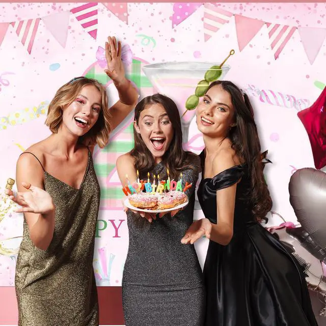 Alt view image 6 of 7 - 6 x 3.6 ft Happy 21st Birthday Decorations Pink Martini Theme Happy Birthday Backdrop Banner a Tini Bit Sign Poster Party Photo Props for Her Woman