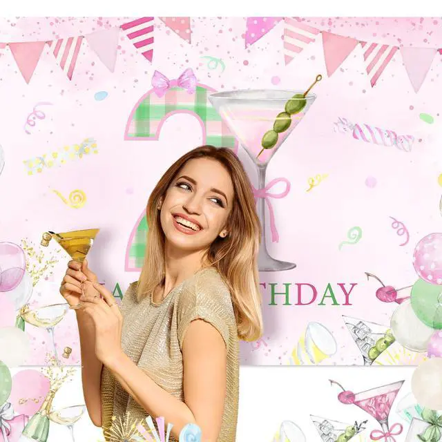 Alt view image 7 of 7 - 6 x 3.6 ft Happy 21st Birthday Decorations Pink Martini Theme Happy Birthday Backdrop Banner a Tini Bit Sign Poster Party Photo Props for Her Woman