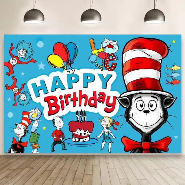 Main image of Cartoon for Dr. Seuss Happy Birthday Backdrop Birthday Party Supplies Kawaii Background for Boys Girls Banner for Kids Party Decorations (5x3ft)