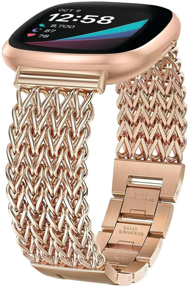 Main image of Metal Band Compatible for Fitbit Versa 4/Sense 2/Versa 3/Sense, 22mm Dressy Stainless Steel Chain Strap Designer Wristband