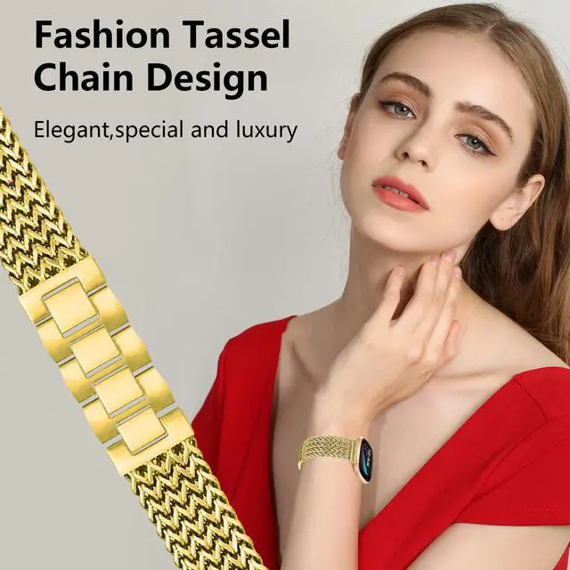 Alt view image 6 of 7 - Metal Band Compatible for Fitbit Versa 4/Sense 2/Versa 3/Sense, 22mm Dressy Stainless Steel Chain Strap Designer Wristband