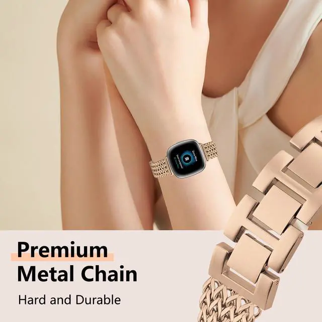 Alt view image 3 of 7 - Metal Band Compatible for Fitbit Versa 4/Sense 2/Versa 3/Sense, 22mm Dressy Stainless Steel Chain Strap Designer Wristband