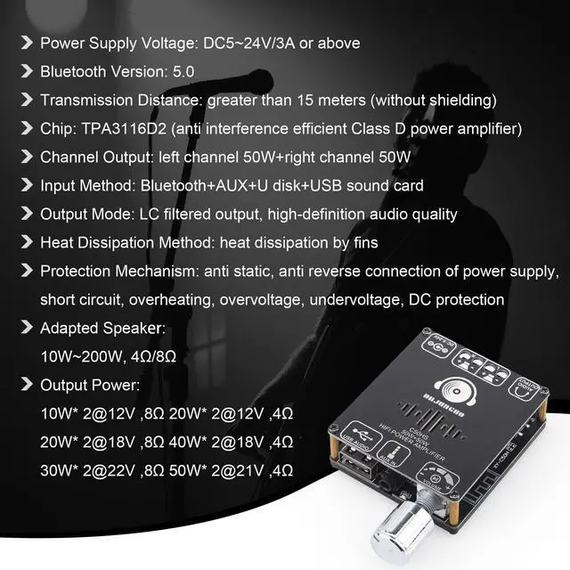 Alt view image 3 of 6 - C50HS Bluetooth Amplifier Board TPA3116D2 high Fidelity chip 12-24V DC Input, Supports USB Flash Memory, AUX, Bluetooth Multiple Input Modes