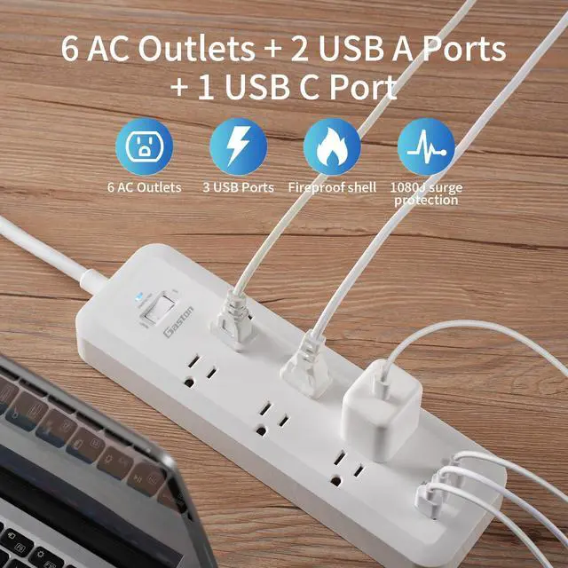 Alt view image 3 of 7 - Gaston Surge Protector Power Strip - 5 Ft Plug Extension Cord, 6 Widely Outlets, 3 USB Ports(1 USB C), 1 Side Outlet Extender for Home Office, White, ETL Listed
