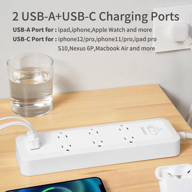 Alt view image 4 of 7 - Gaston Surge Protector Power Strip - 5 Ft Plug Extension Cord, 6 Widely Outlets, 3 USB Ports(1 USB C), 1 Side Outlet Extender for Home Office, White, ETL Listed