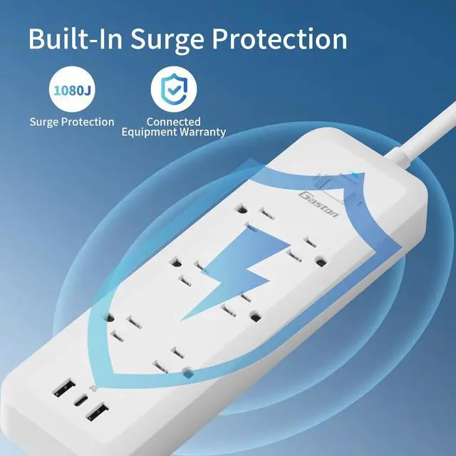 Alt view image 5 of 7 - Gaston Surge Protector Power Strip - 5 Ft Plug Extension Cord, 6 Widely Outlets, 3 USB Ports(1 USB C), 1 Side Outlet Extender for Home Office, White, ETL Listed