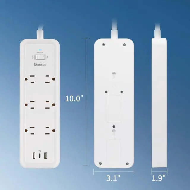 Alt view image 6 of 7 - Gaston Surge Protector Power Strip - 5 Ft Plug Extension Cord, 6 Widely Outlets, 3 USB Ports(1 USB C), 1 Side Outlet Extender for Home Office, White, ETL Listed