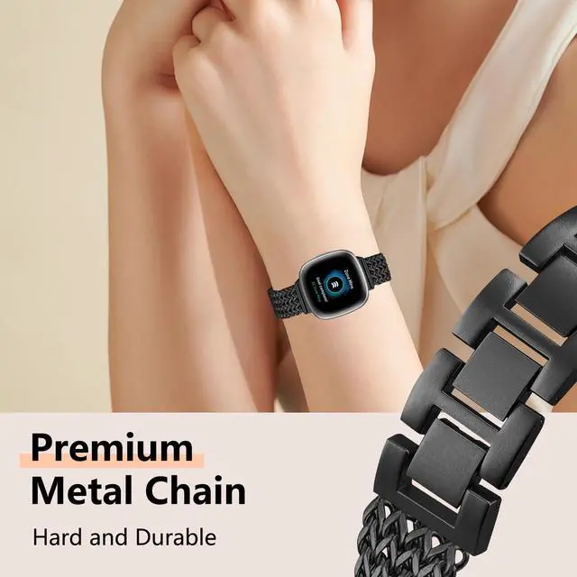 Alt view image 3 of 7 - Metal Band Compatible for Fitbit Versa 4/Sense 2/Versa 3/Sense, 22mm Dressy Stainless Steel Chain Strap Designer Wristband