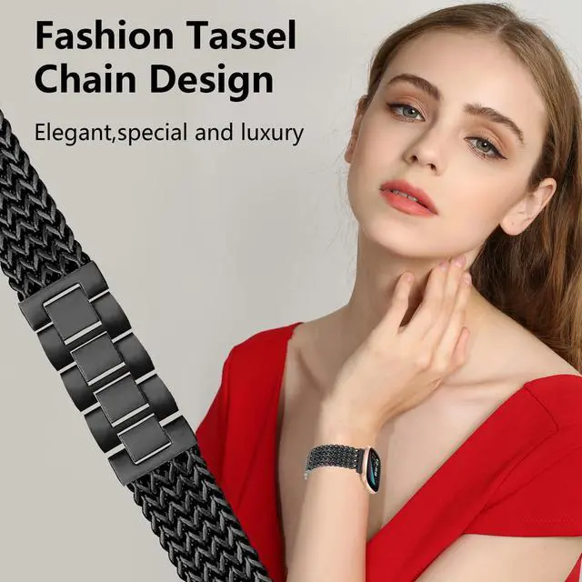 Alt view image 6 of 7 - Metal Band Compatible for Fitbit Versa 4/Sense 2/Versa 3/Sense, 22mm Dressy Stainless Steel Chain Strap Designer Wristband