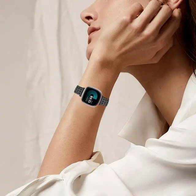 Alt view image 7 of 7 - Metal Band Compatible for Fitbit Versa 4/Sense 2/Versa 3/Sense, 22mm Dressy Stainless Steel Chain Strap Designer Wristband