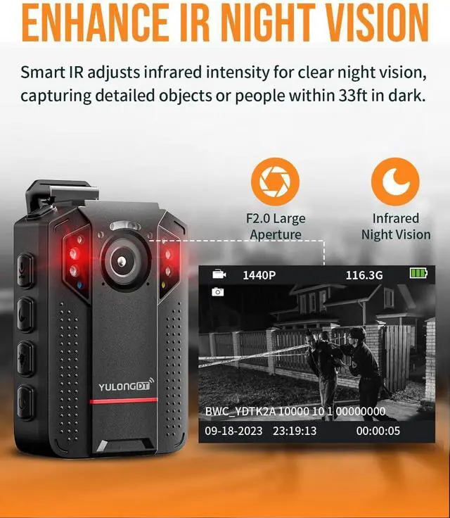 Alt view image 3 of 7 - 128GB Full HD 1440P Body Camera with Audio and Video Recording, Multifunctional with Night Vision,Loop Recording, Snapshot,3300mah Battery, Waterproof, Long time Recording