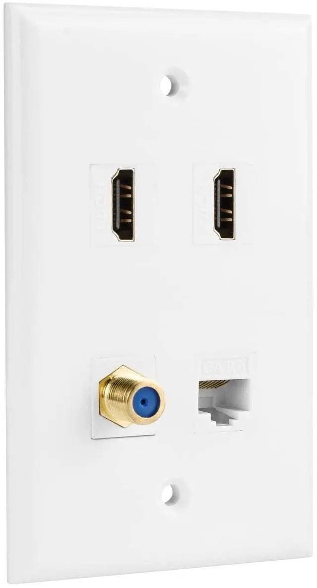Main image of Ethernet Coax HDMI Wall Plate, 1 Port Cat 6 RJ45, 1 Port TV Coax F Type and 2 Port HDMI Keystone Wall Plate