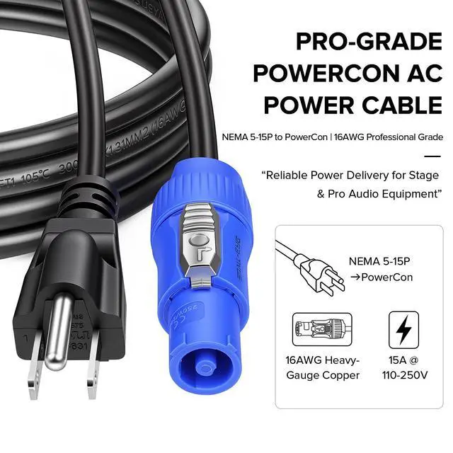 Alt view image 2 of 6 - NEMA 5-15P to Power Connector Cable 3 ft, 16AWG AC Cord | Secure Locking Connection, Stable Power Delivery, Reduced Accidental Disconnects, Professional Equipment Compatible