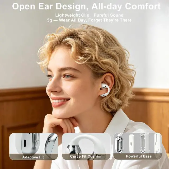 Alt view image 2 of 7 - Open Ear Clip-On Earbuds, Bluetooth 5.4 Wireless Headphones IP65 Waterproof Lightweight 16H Playtime Touch Control Earphones Comfort Design for Small Ears&Glasses