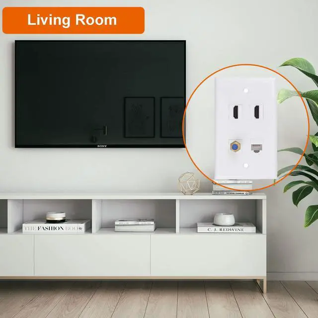 Alt view image 5 of 5 - Ethernet Coax HDMI Wall Plate, 1 Port Cat 6 RJ45, 1 Port TV Coax F Type and 2 Port HDMI Keystone Wall Plate