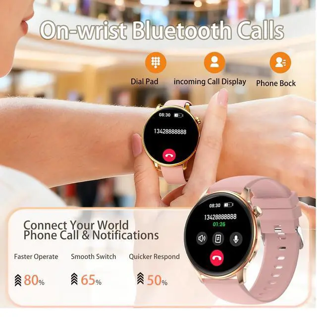 Alt view image 6 of 7 - Smart Watch for Men Women, 1.43 AMOLED HD Display Smartwatch IP68 Waterproof, Fitness Tracker Watch with 110+ Sports Modes/Sleep/Health Monitor, Smart Watches for Android iPhone (Pink)