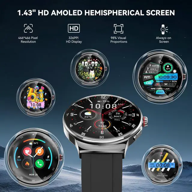 Alt view image 2 of 6 - Smart Watch for Men Women, 1.43 Curved AMOLED HD Screen Fitness Tracker, 100+ Sport Modes, Heart Rate Sleep Monitor, Pedometer, Smartwatch for Android & iOS Compatible