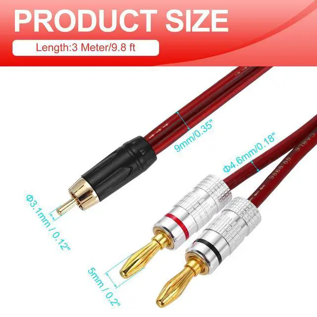 Alt view image 2 of 6 - 2 Pcs 1 RCA to 2 4mm Banana Plug Speaker Cable, 14AWG Gold Plated RCA Audio Cable, Splitter Audio Cable for Speaker Amplifiers Subwoofer, 9.8ft