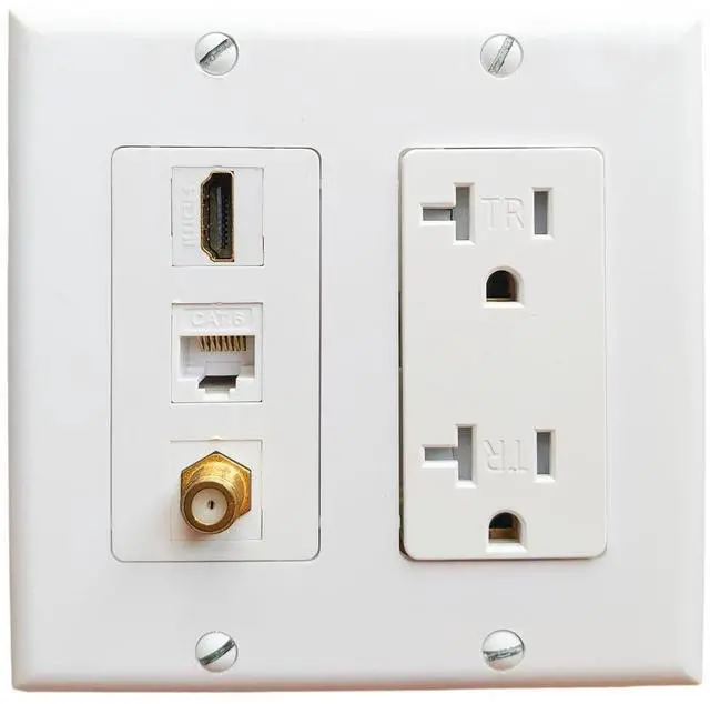 Main image of Double Gang 20Amp Power Outlet with Ethernet Coax HDMI Wall Plate - Electrical Wall Outlet with 1 Port HDMI + 1 CAT6 RJ45 Keystone Jack + 1 Coax Cable TV F Type Face Plate - White