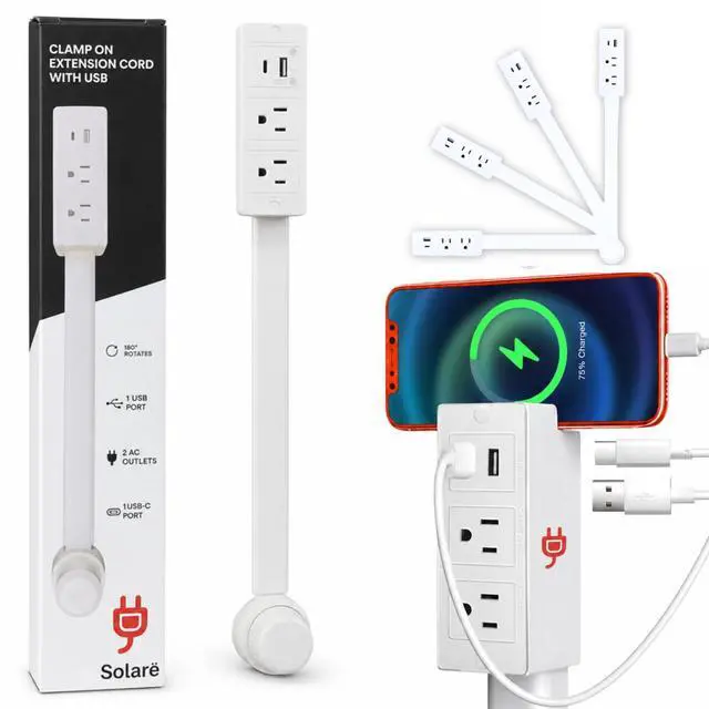 Main image of Clamp On Extension Cord Socket Extender with USB-C & USB-A, Low-Profile Rotating Flat Plug, 3-Outlet Wall Adapter for Behind Furniture, Bedroom & Nightstand Wall Outlet Extender