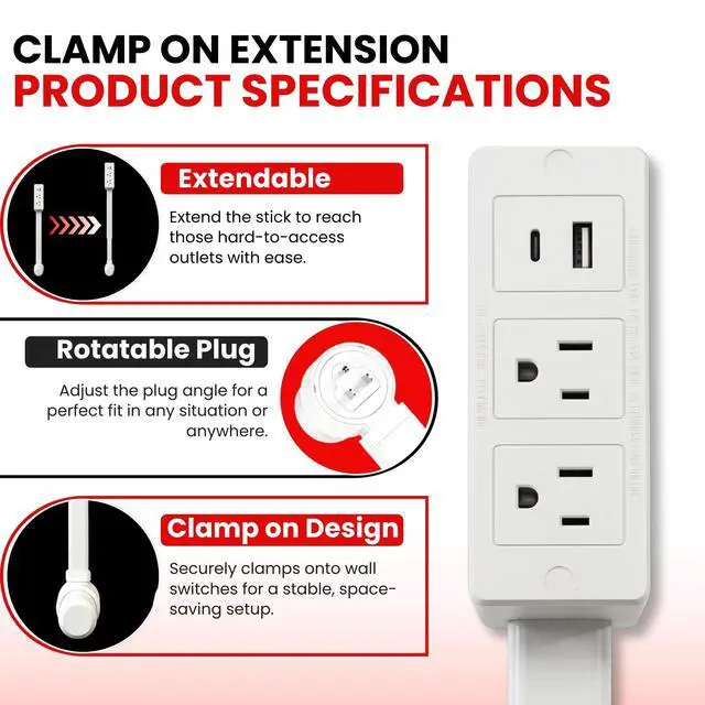 Alt view image 2 of 6 - Clamp On Extension Cord Socket Extender with USB-C & USB-A, Low-Profile Rotating Flat Plug, 3-Outlet Wall Adapter for Behind Furniture, Bedroom & Nightstand Wall Outlet Extender