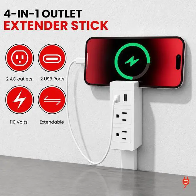 Alt view image 3 of 6 - Clamp On Extension Cord Socket Extender with USB-C & USB-A, Low-Profile Rotating Flat Plug, 3-Outlet Wall Adapter for Behind Furniture, Bedroom & Nightstand Wall Outlet Extender