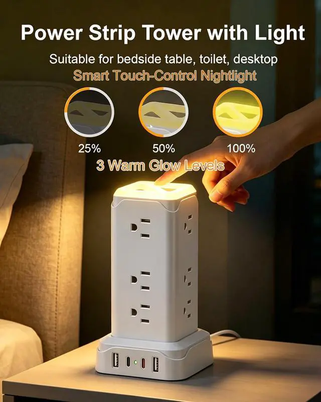 Alt view image 2 of 6 - Surge Protector Power Strip Tower with Touch LED Night Light, 6Ft Extension Cord with Multiple 12 AC Outlets, 4 USB Ports (2 USB C) Charging Station, White