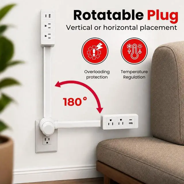 Alt view image 4 of 6 - Clamp On Extension Cord Socket Extender with USB-C & USB-A, Low-Profile Rotating Flat Plug, 3-Outlet Wall Adapter for Behind Furniture, Bedroom & Nightstand Wall Outlet Extender