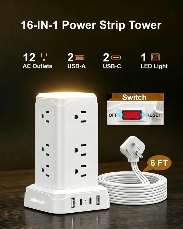 Alt view image 4 of 6 - Surge Protector Power Strip Tower with Touch LED Night Light, 6Ft Extension Cord with Multiple 12 AC Outlets, 4 USB Ports (2 USB C) Charging Station, White